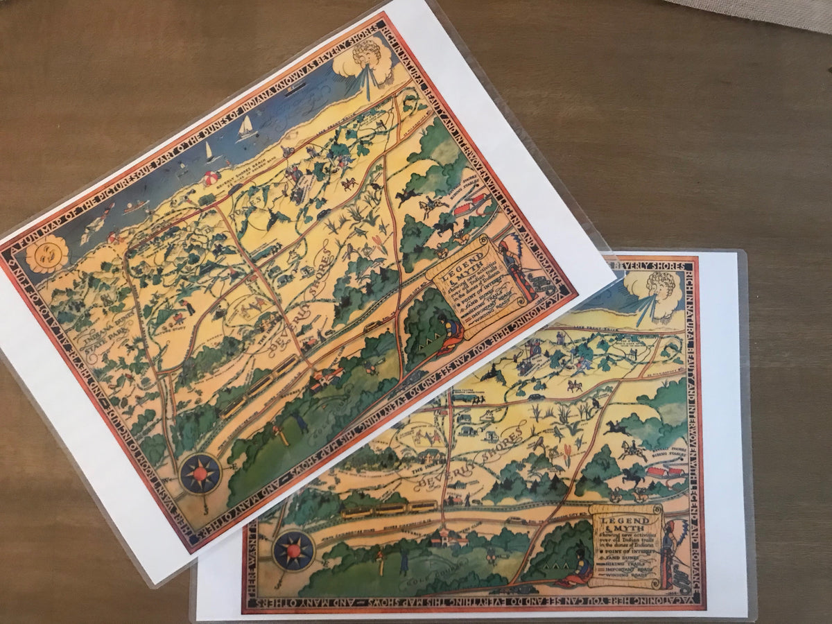Fun Map Laminated Placemats Set/2 Beverly Shores Depot Museum and Art