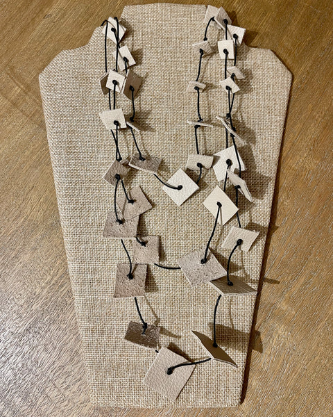 Mary Parks - Necklace Triple Strand with Leather Squares